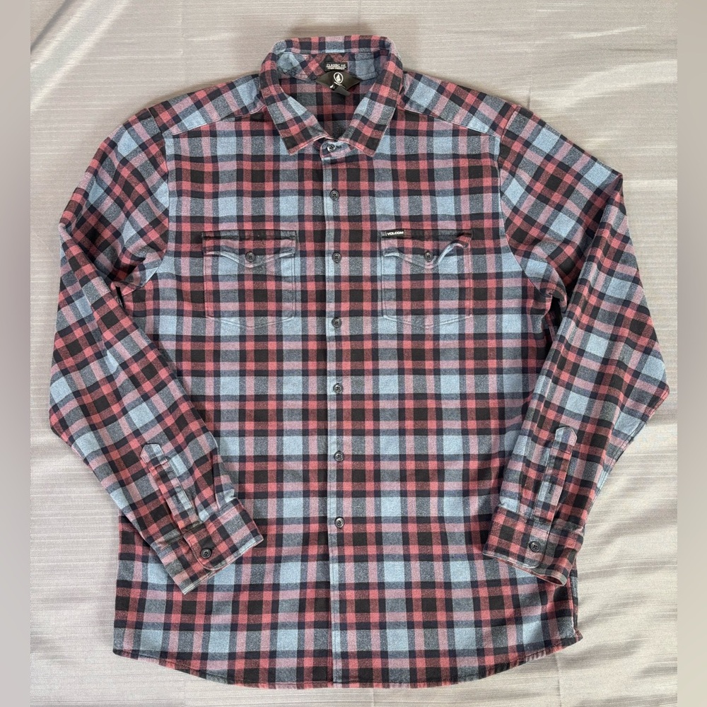 Volcom Classic Fit Plaid Flannel Shirt Mens Large Red Gray Black Button Up